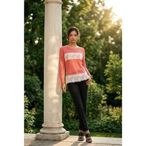 Very J Coral Pink Knit Sweater W/white Floral Lace Inset Trim Small